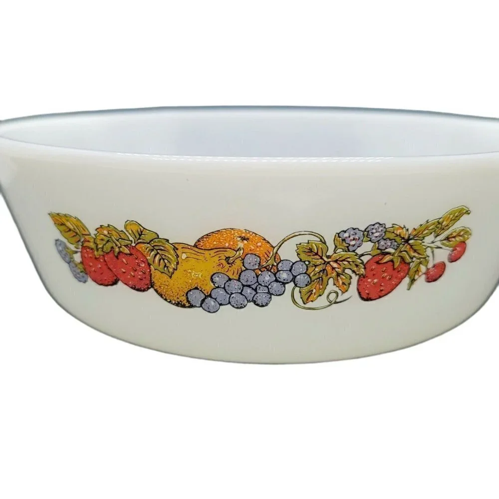 2 Vintage Anchor Hocking Fire King Casserole Dish Nature's Bounty Fruit Pattern